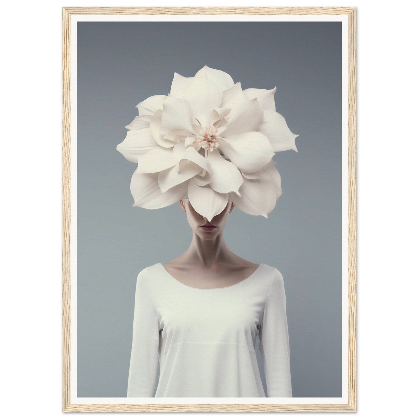 A surreal portrait featuring a figure wearing an enormous white flower as a head.
