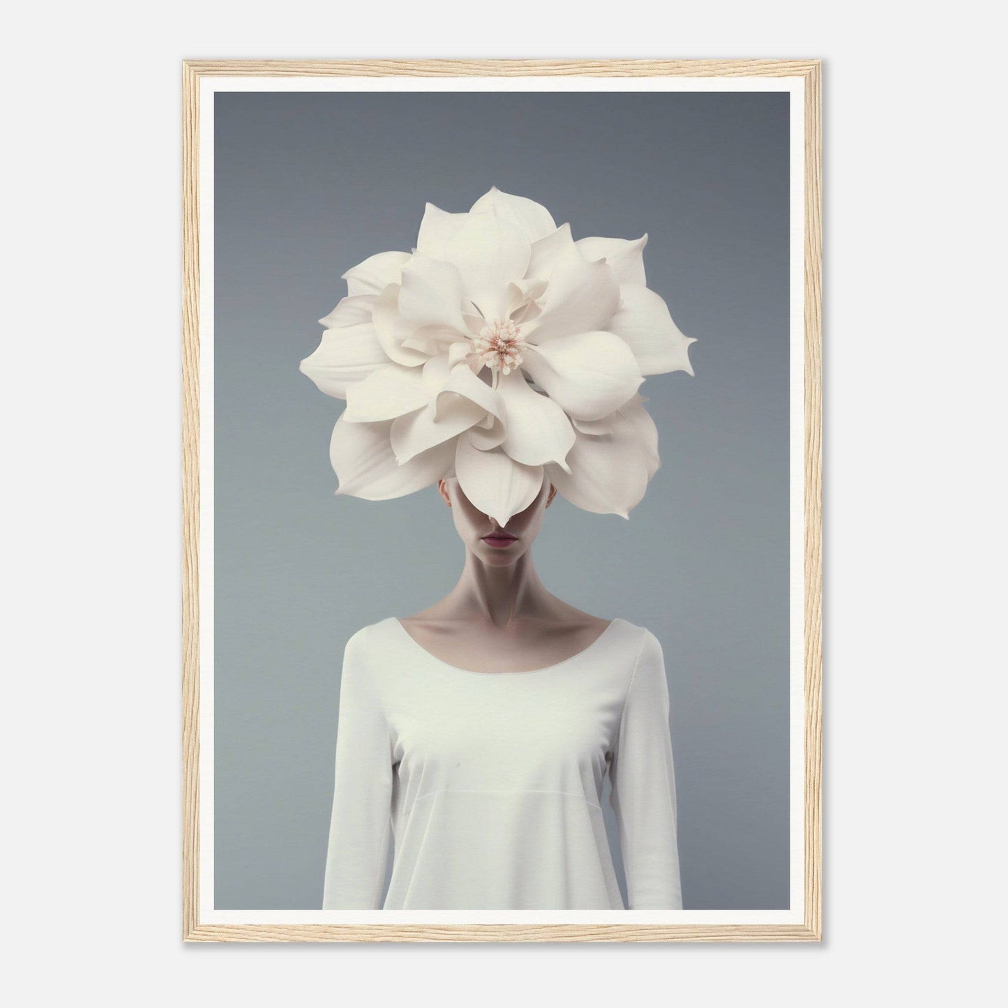 Surreal portrait of a figure with a giant white flower in place of their head.
