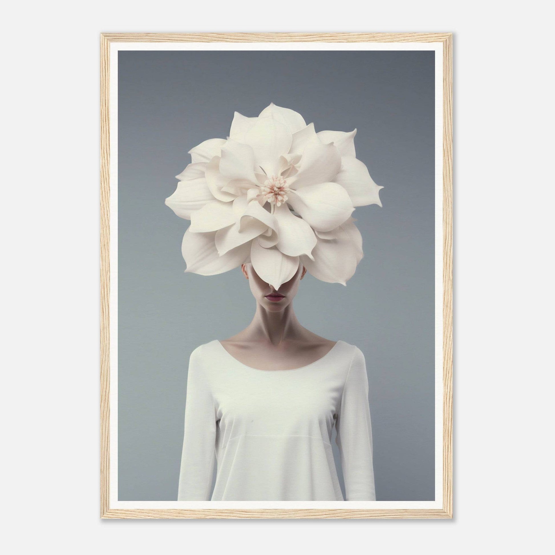 Surreal portrait of a figure with a giant white flower in place of their head.