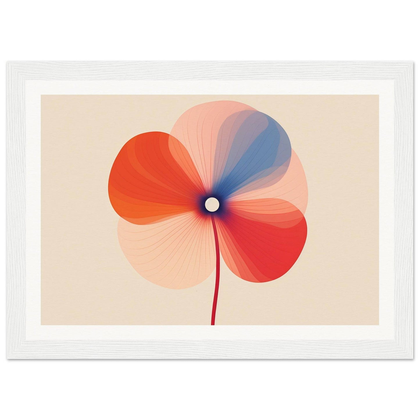 Stylized flower with overlapping translucent petals in red, blue, and pink hues.
