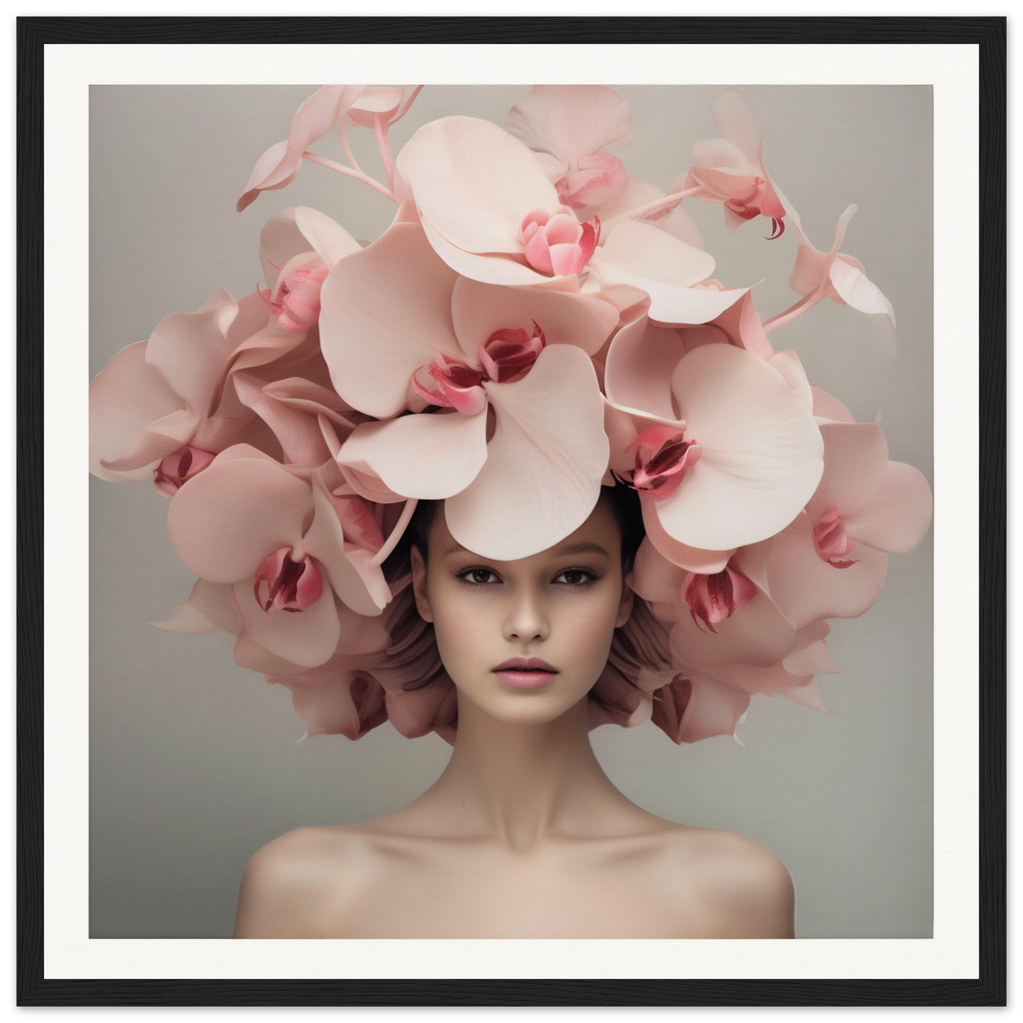 Elaborate floral headdress made of pale pink orchids.