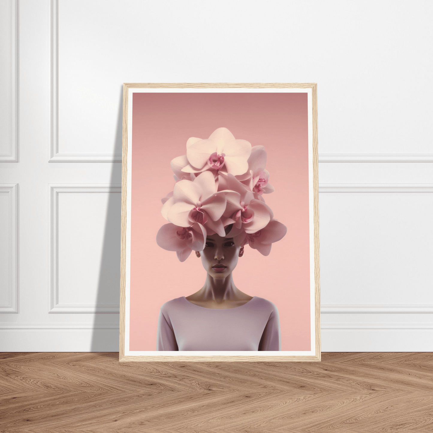 Framed artwork depicting a figure with orchid blooms in place of their head.