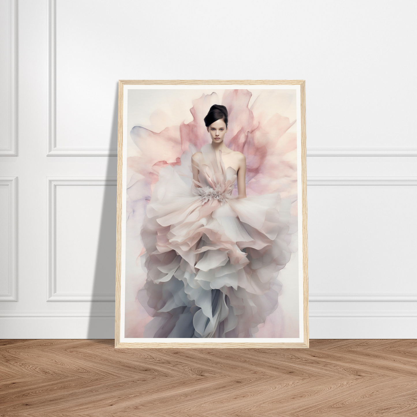 Framed artwork depicting a woman in a flowing, ethereal dress with soft pink and gray tones.