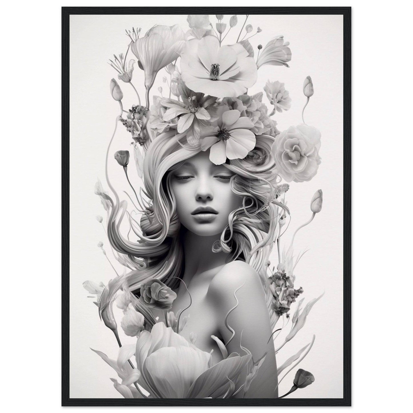 Black and white artistic portrait featuring a woman adorned with floral elements in her hair and surrounding her figure.
