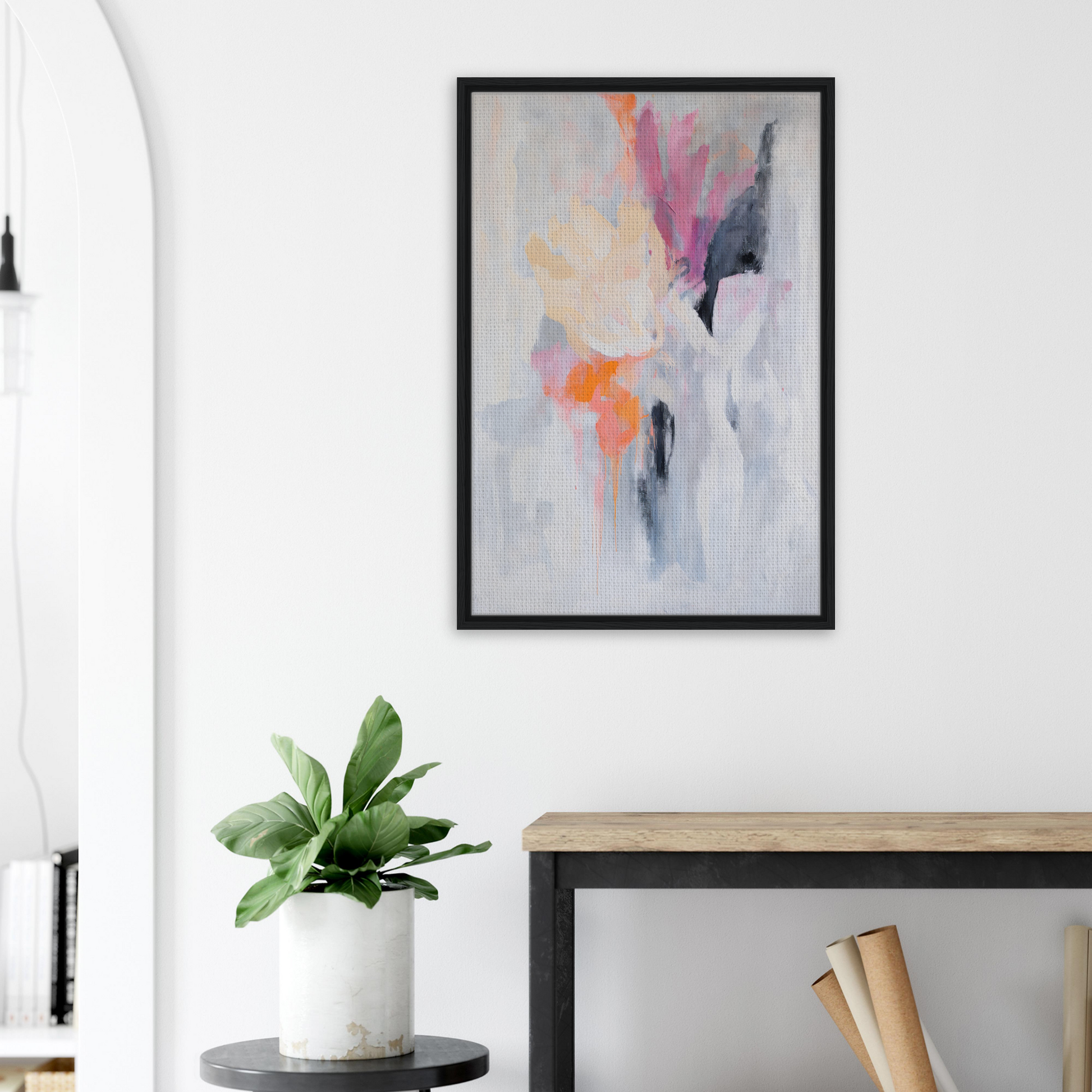 Abstract painting in soft pastels within a black frame, Petal-Loom Murmurs collection