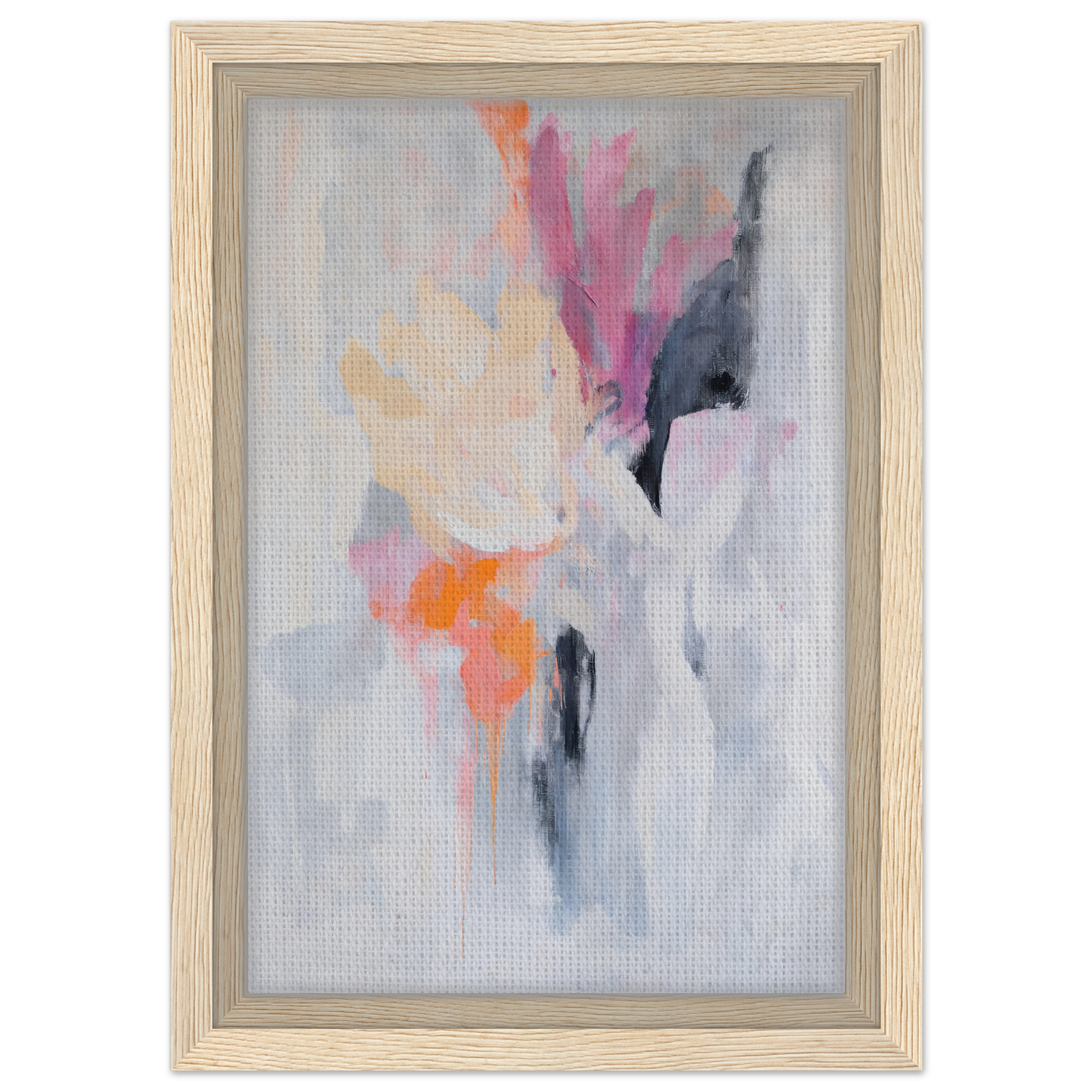 Abstract painting in soft pastels and wooden frame for Petal-Loom Murmurs room decor