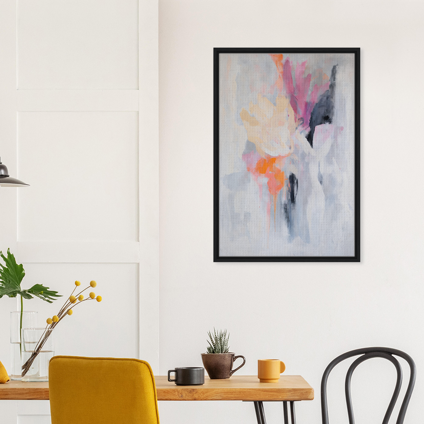 Abstract painting in soft pastel colors framed in black, ideal for Petal-Loom Murmurs room decor