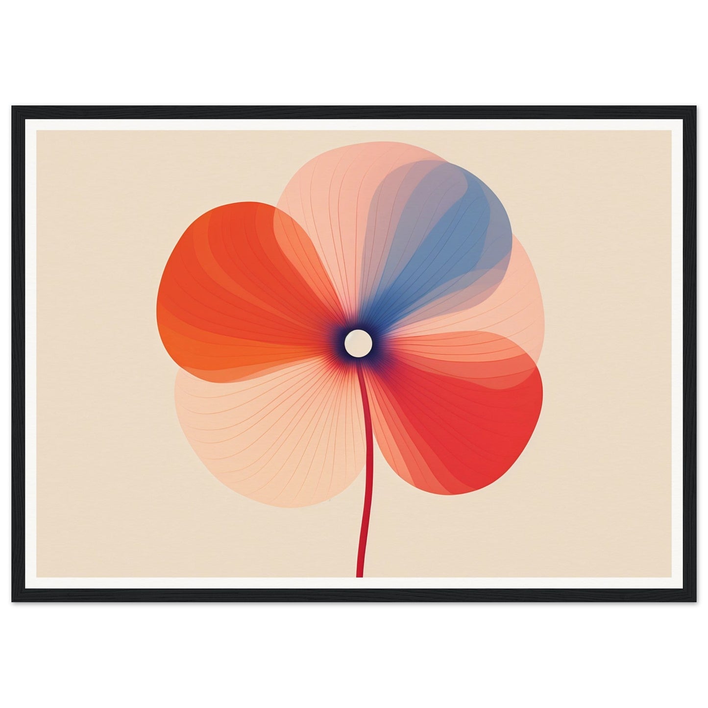 Stylized flower with overlapping red, orange, pink, and blue petals radiating from a central point.