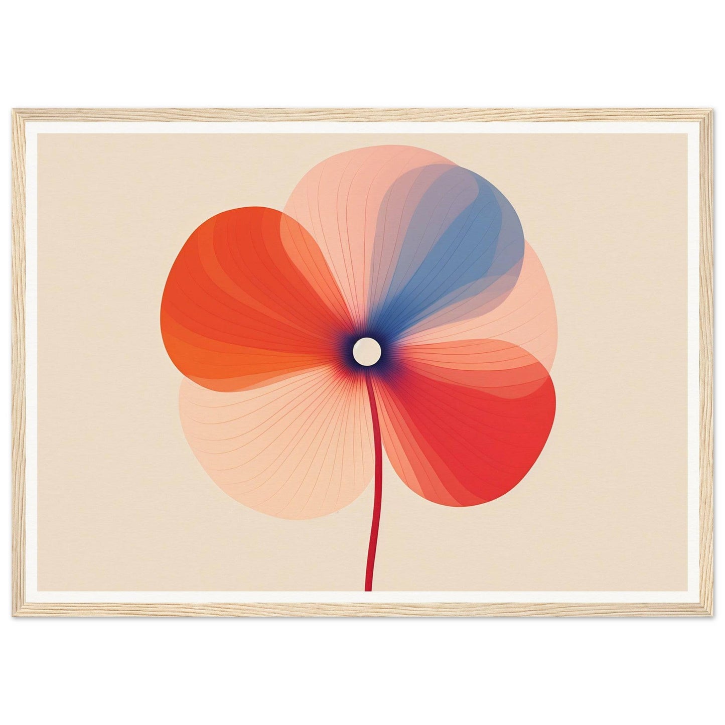 Stylized flower with overlapping red, orange, pink, and blue petals around a central point.