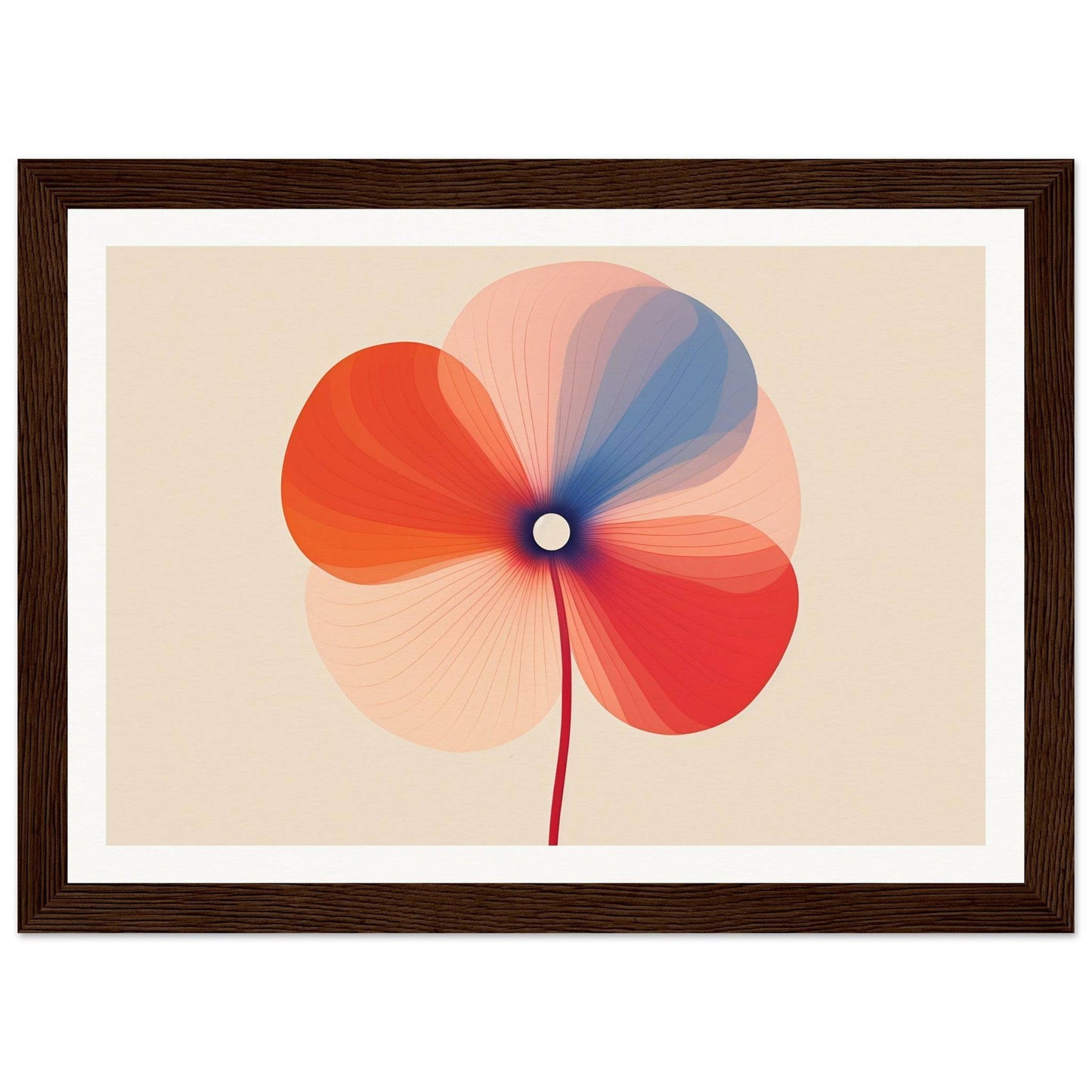 Stylized flower with overlapping red, blue, and pink petals radiating from a central point.