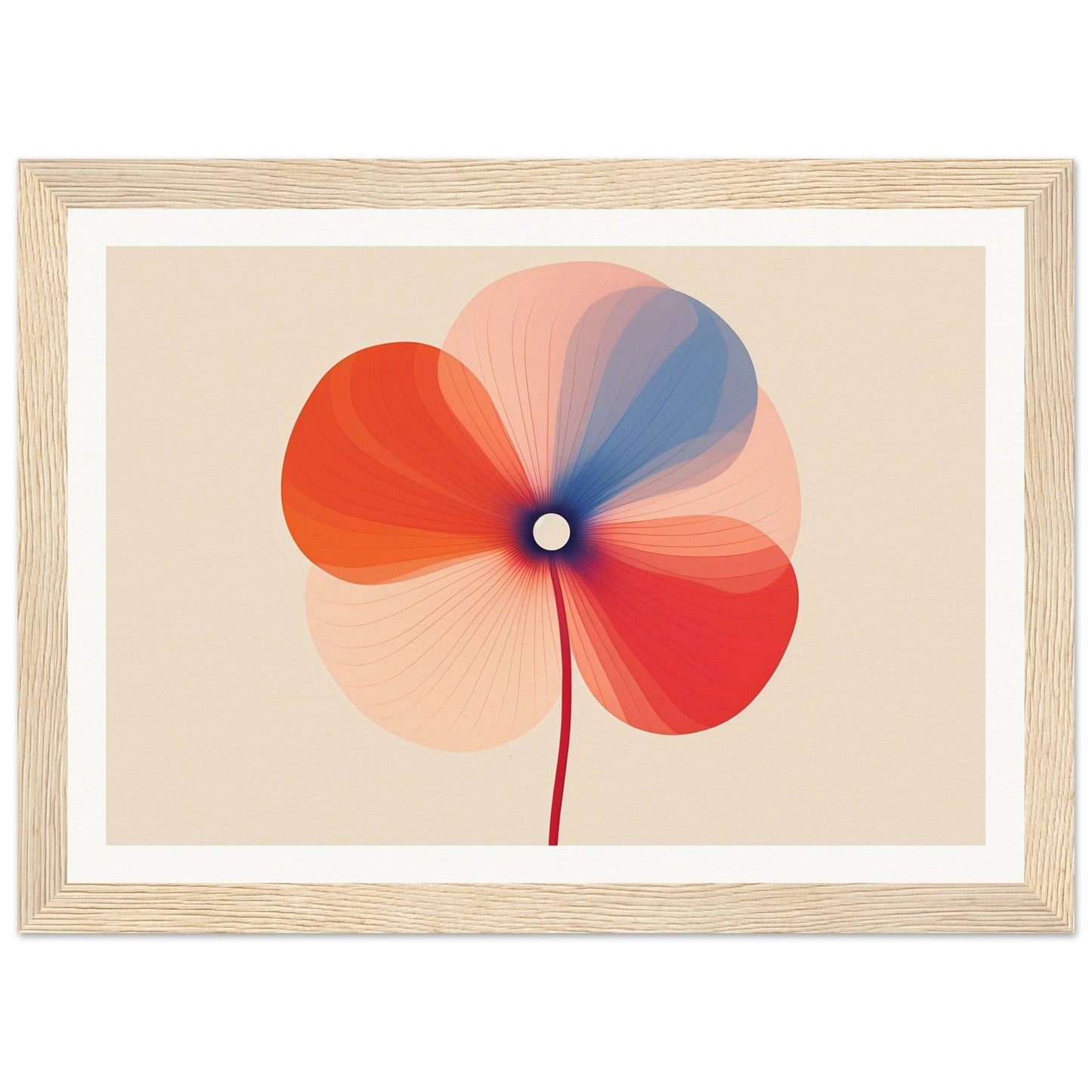 Stylized flower with overlapping translucent petals in red, orange, pink, and blue hues.