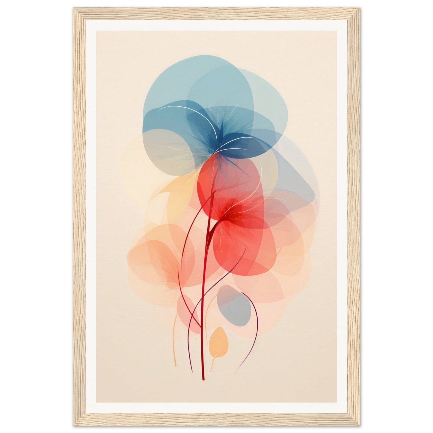 Abstract floral shapes in soft blue and red watercolor-like tones.