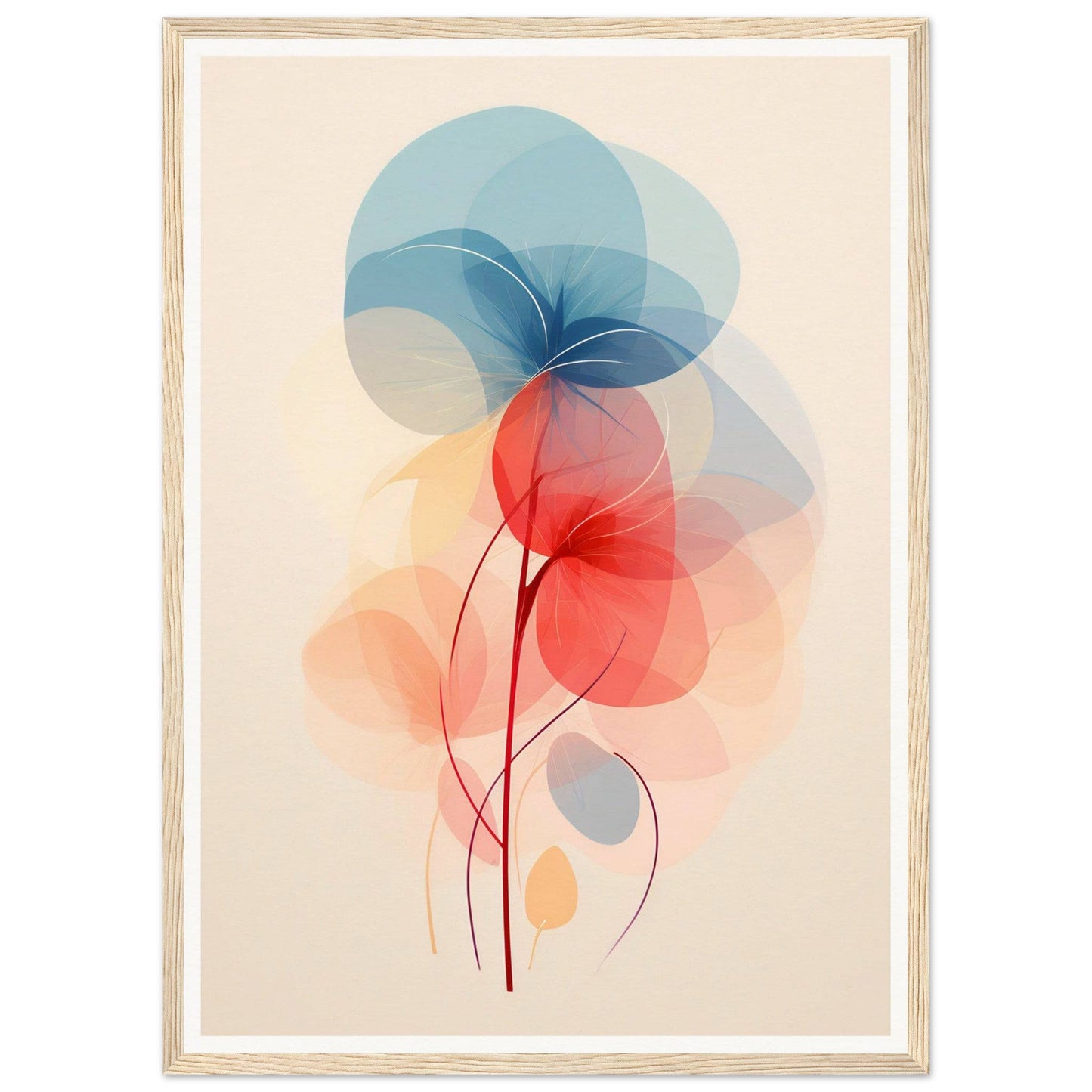 Abstract floral design composed of overlapping translucent shapes in soft blue, red, and peach tones.