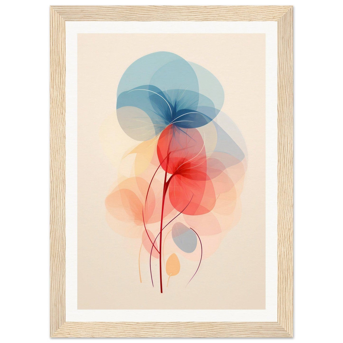 Abstract watercolor-style floral design with overlapping translucent shapes in blue, red, and peach tones.