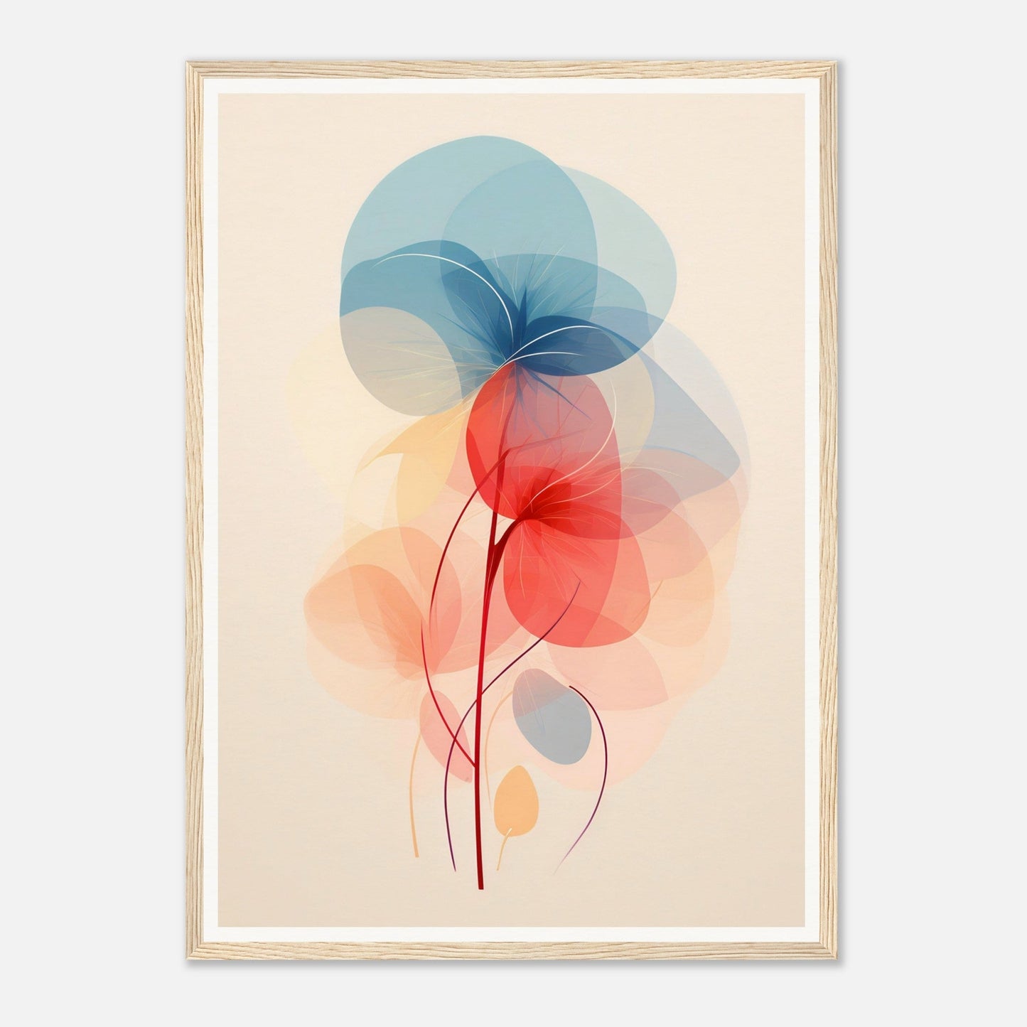 Abstract floral shapes composed of overlapping translucent circles and curved lines in soft blue and red hues.