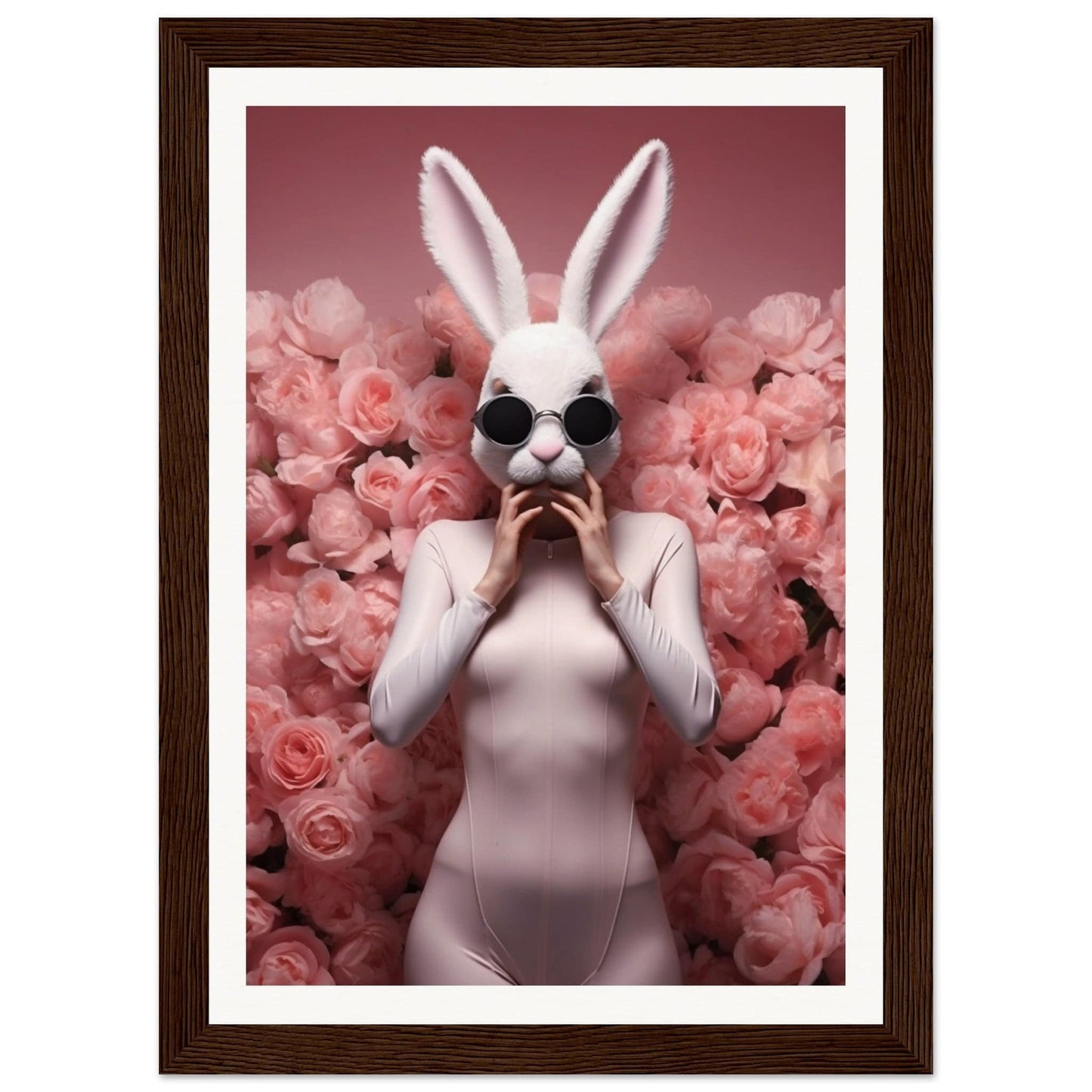 Figure wearing a white rabbit mask and bodysuit surrounded by pink roses.