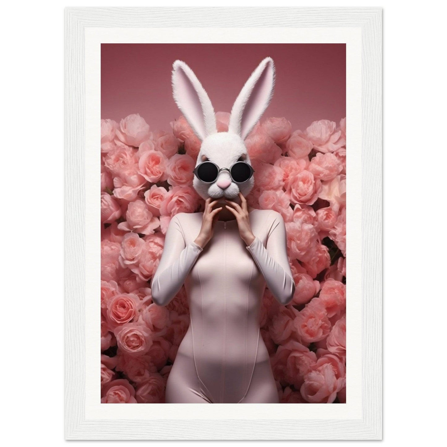 Figure wearing a white rabbit mask and bodysuit surrounded by pink roses.