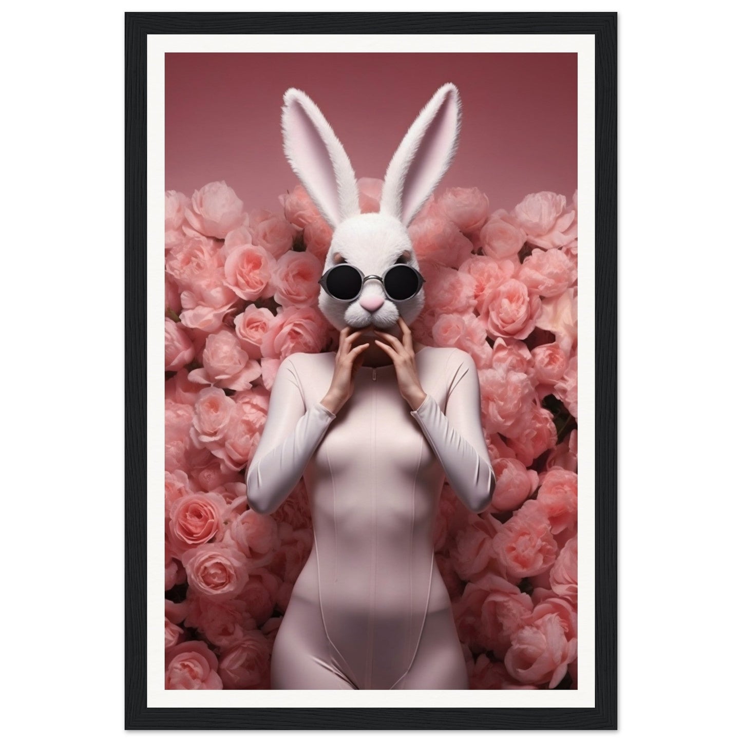Figure wearing a white rabbit mask and bodysuit surrounded by pink roses.