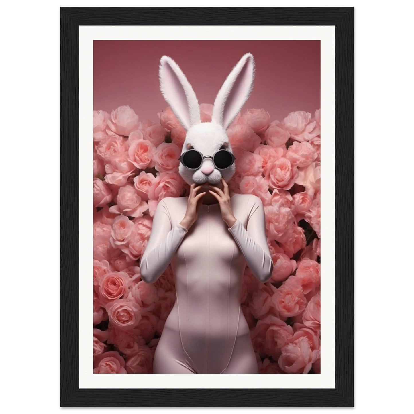 Figure wearing a white rabbit mask and bodysuit surrounded by pink roses.