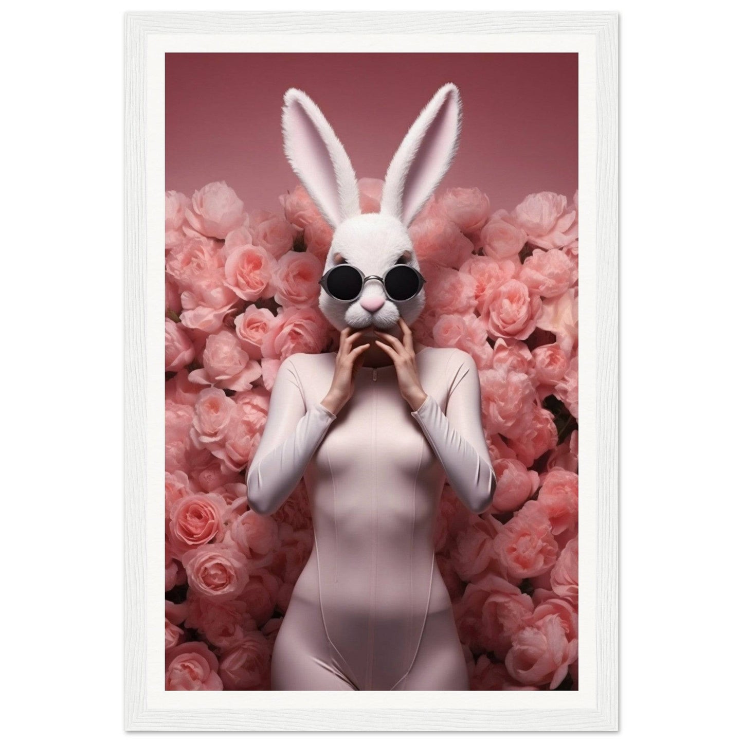 Figure wearing a white rabbit mask and bodysuit against a backdrop of pink roses.