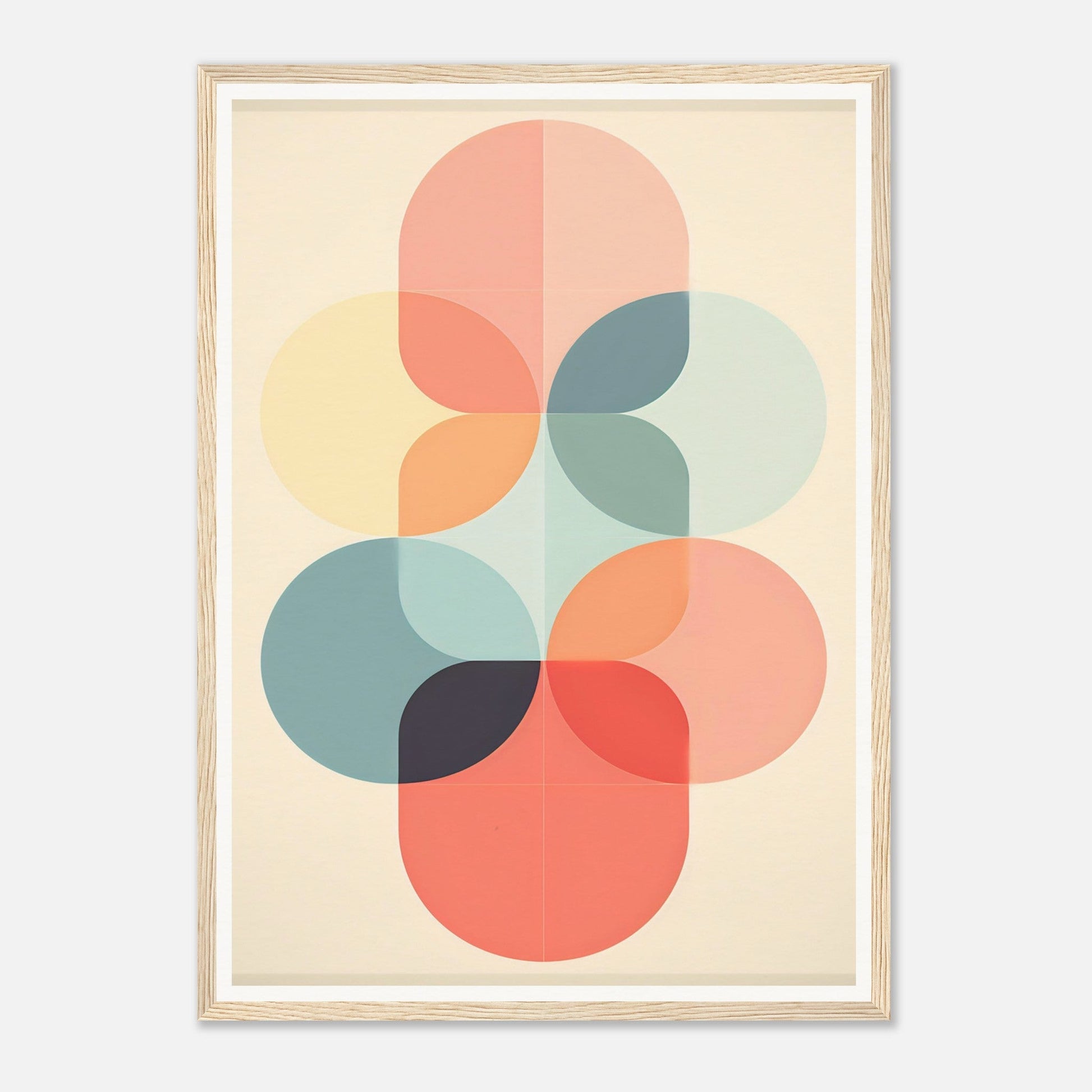 Abstract geometric composition of overlapping circular shapes in pastel colors.