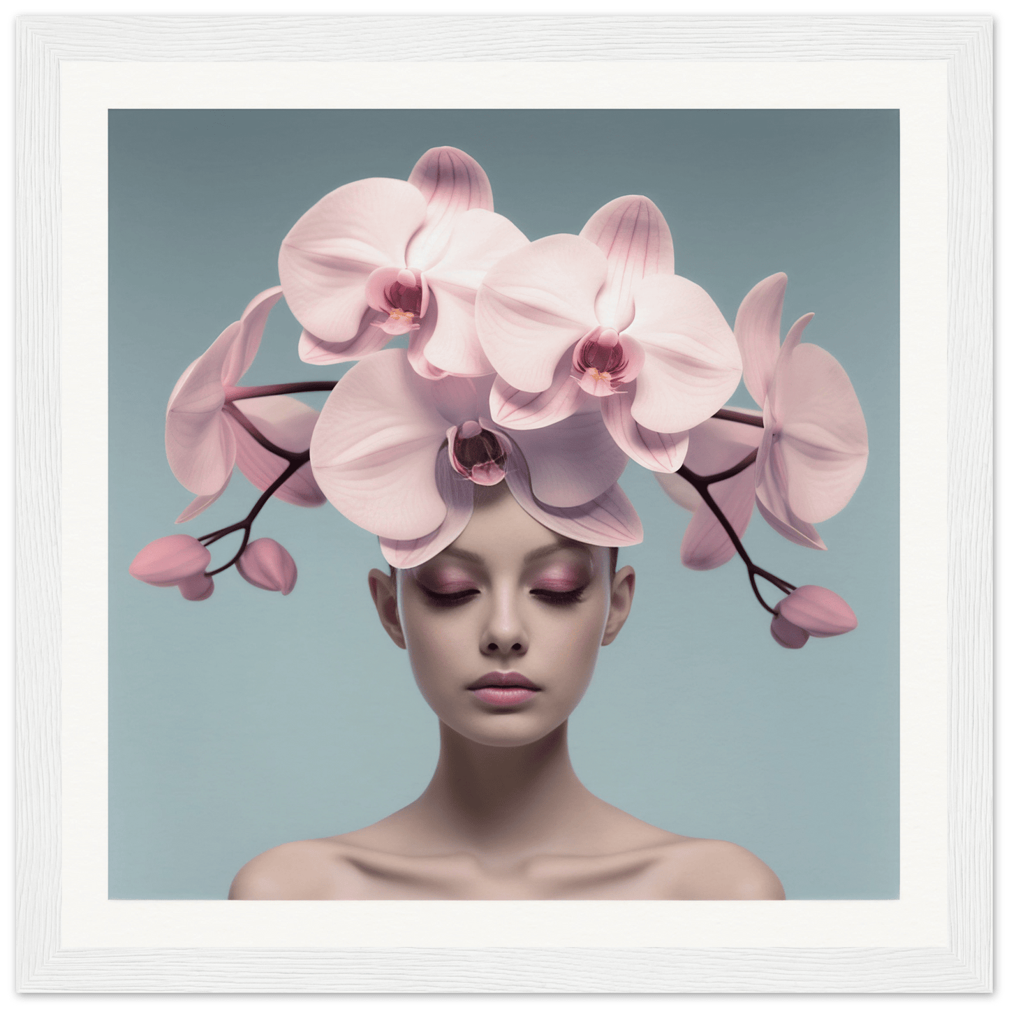 Delicate pink orchid blooms arranged as an elaborate headdress.