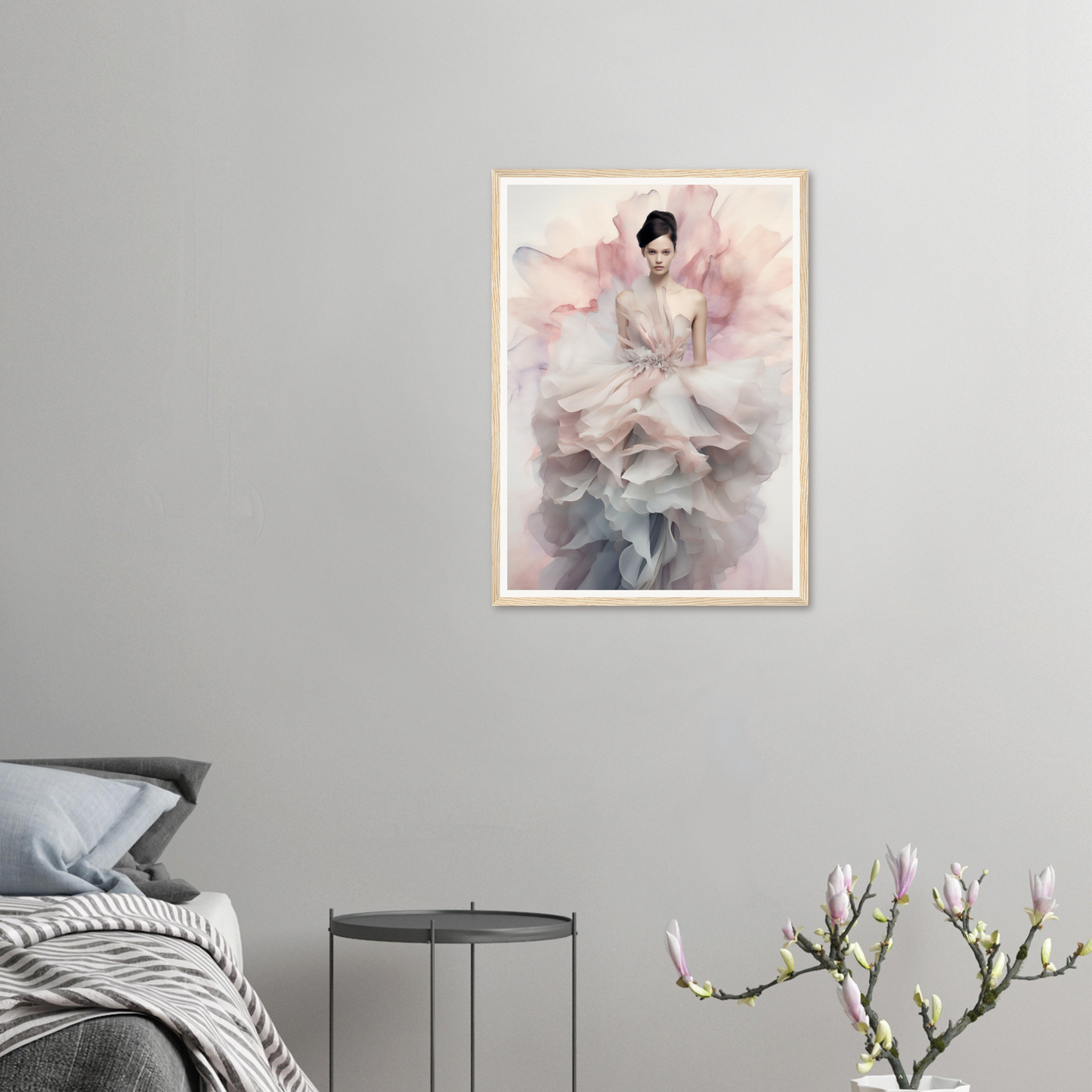 Framed artwork depicting a graceful figure in a flowing, ethereal dress with soft pink and gray tones.