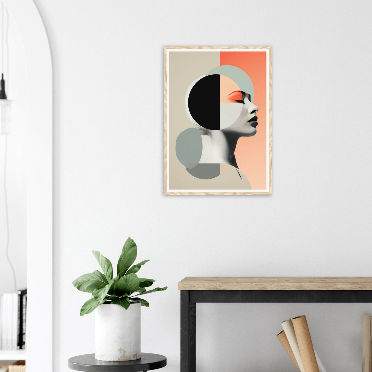 Abstract geometric portrait artwork featuring a stylized profile against a color-blocked background.