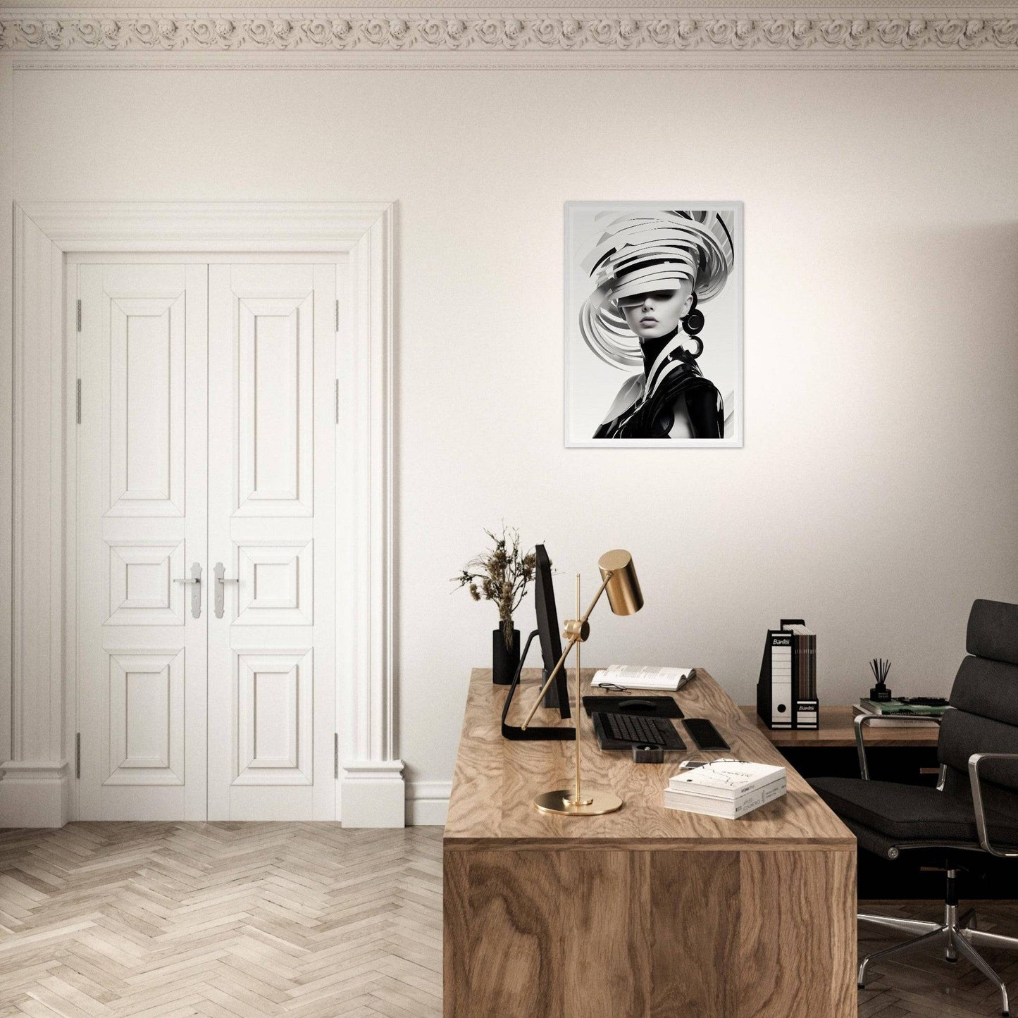 Stylish home office with a wooden desk and modern artwork on the wall.