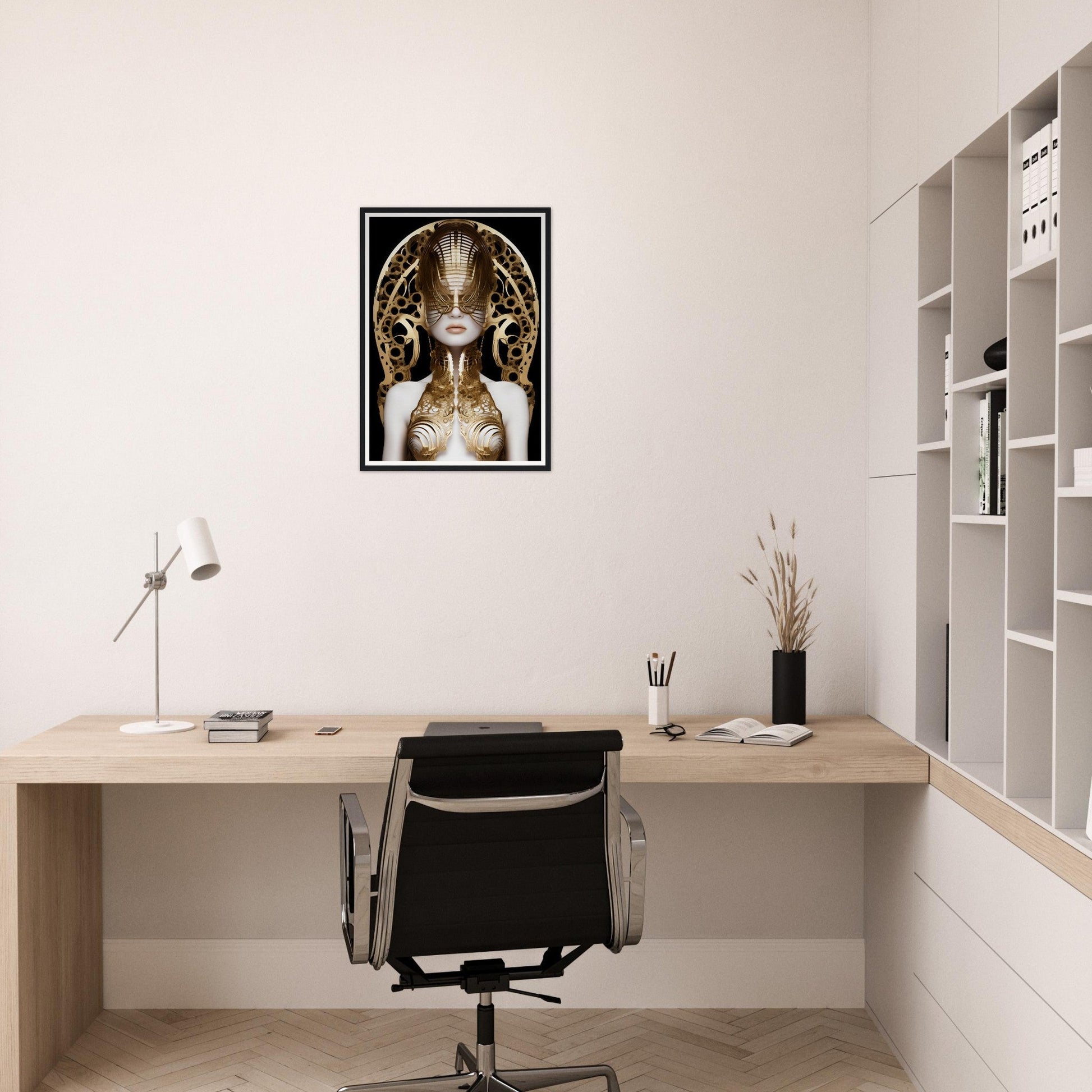 Minimalist home office workspace with a wooden desk, black chair, and framed artwork on the wall.