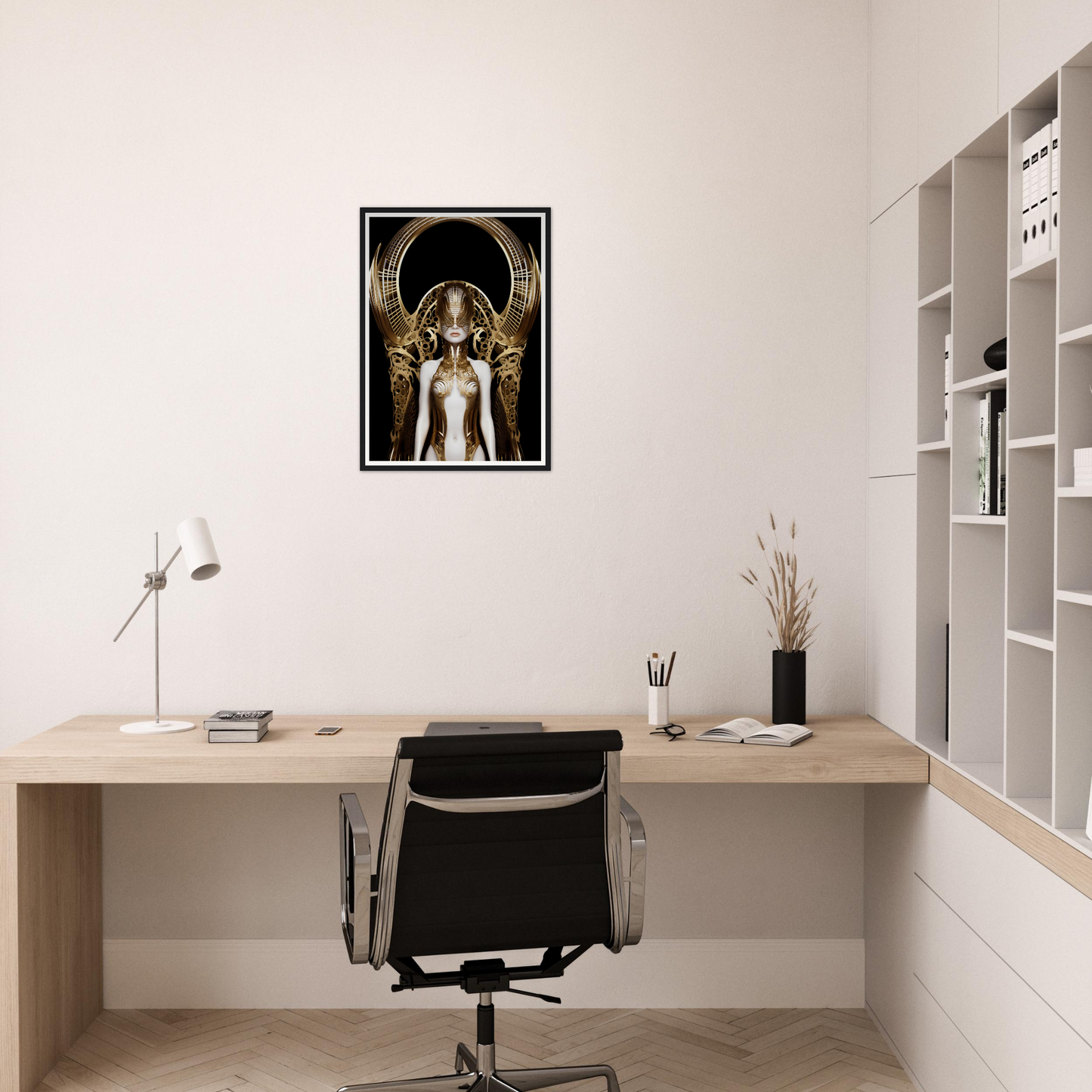Minimalist home office workspace with a desk, chair, and striking artwork on the wall.