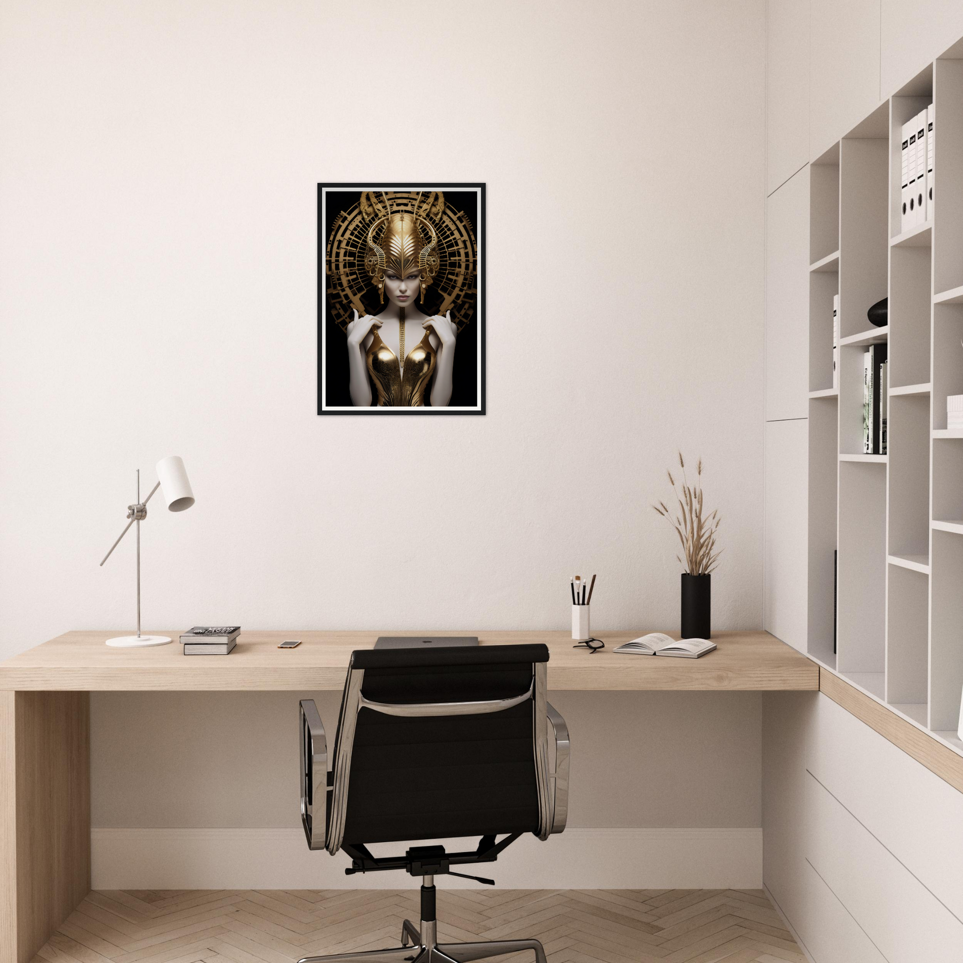 Minimalist home office workspace with a desk, chair, and framed artwork on the wall.