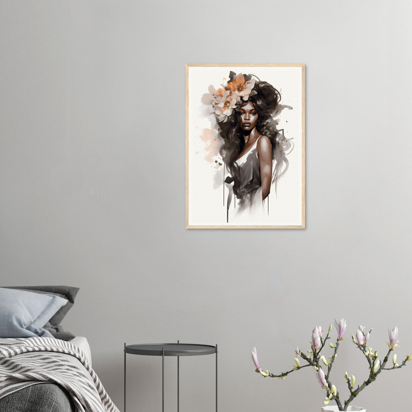 Artistic portrait of a woman with dark hair and flowers, rendered in a watercolor-like style with muted colors and abstract elements.