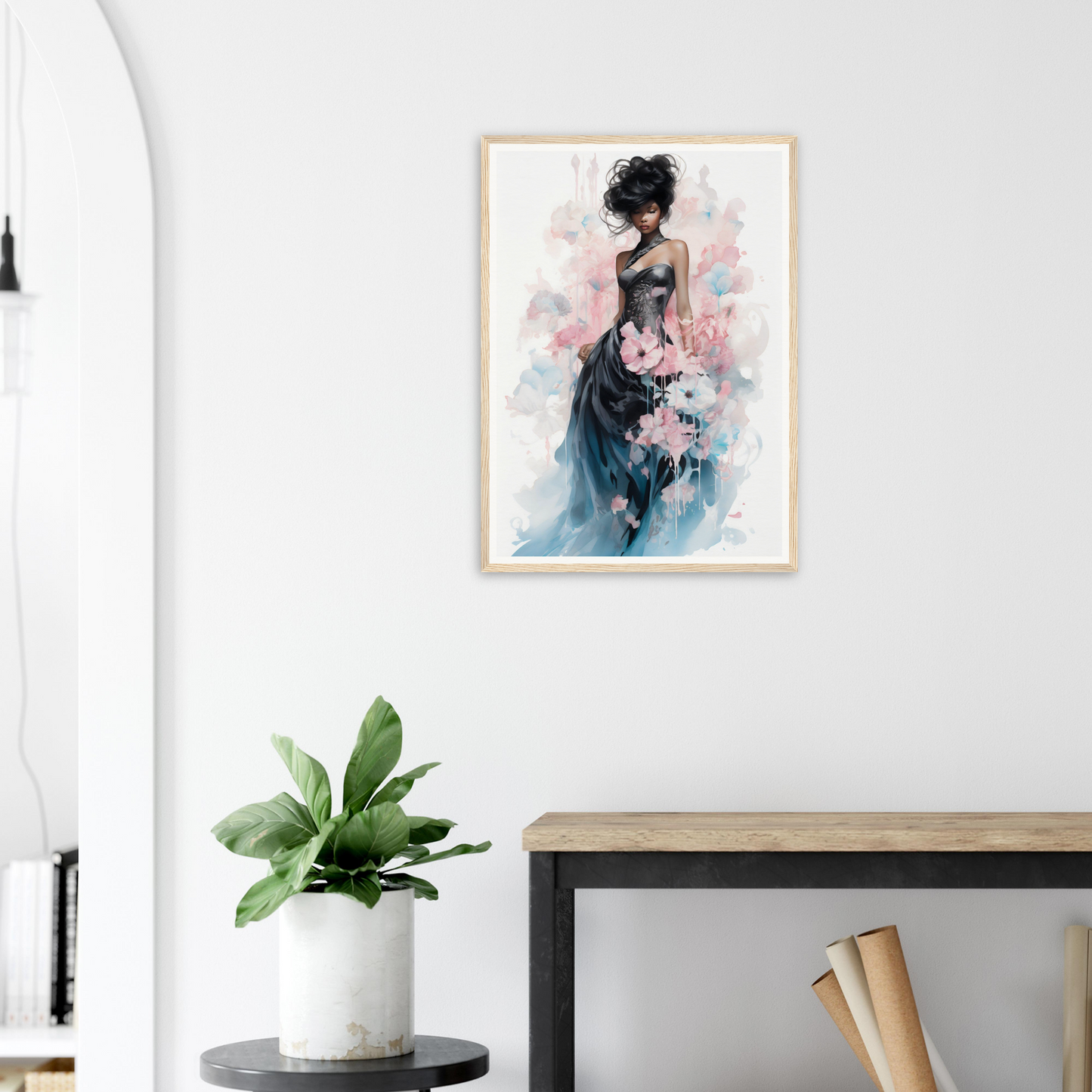 Framed watercolor painting of an elegant woman in a flowing dress holding flowers.