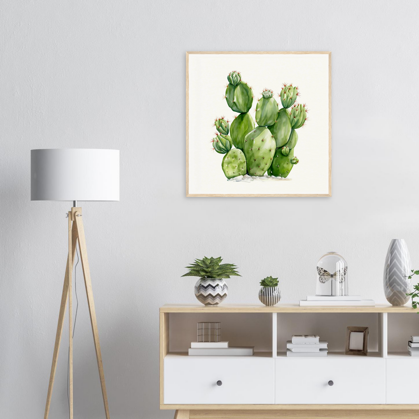 A picture of a cactus plant is shown in a living room