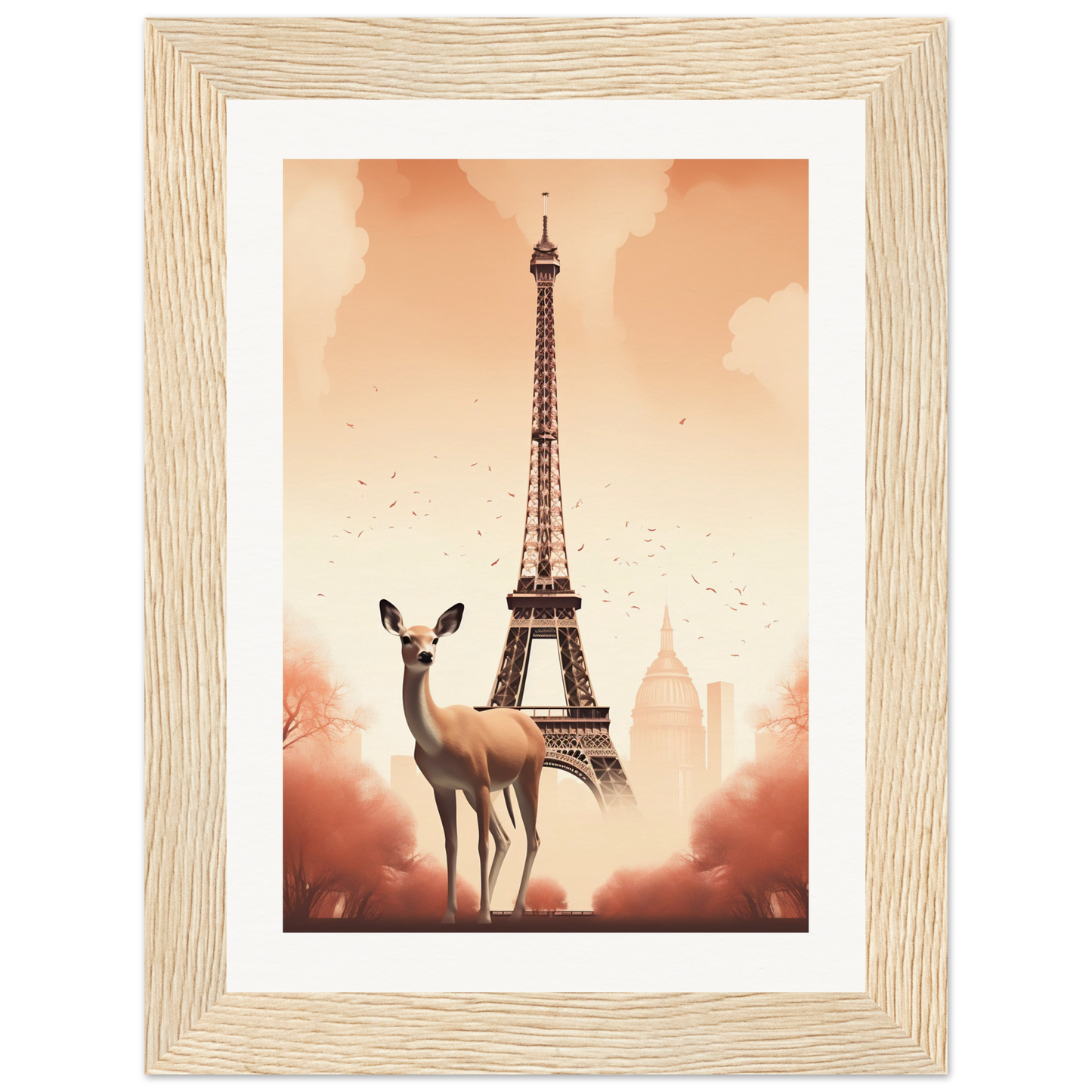 A picture of a deer standing in front of the eiff tower
