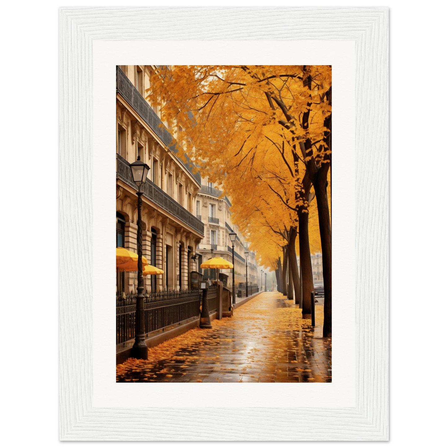 A picture of a street with yellow trees