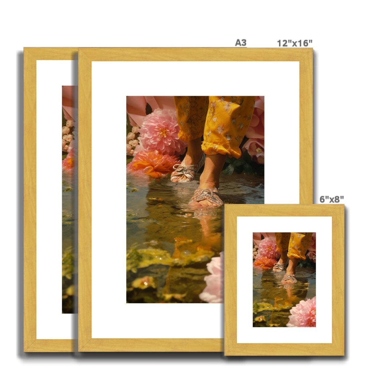 A picture of a woman’s feet in water with flowers
