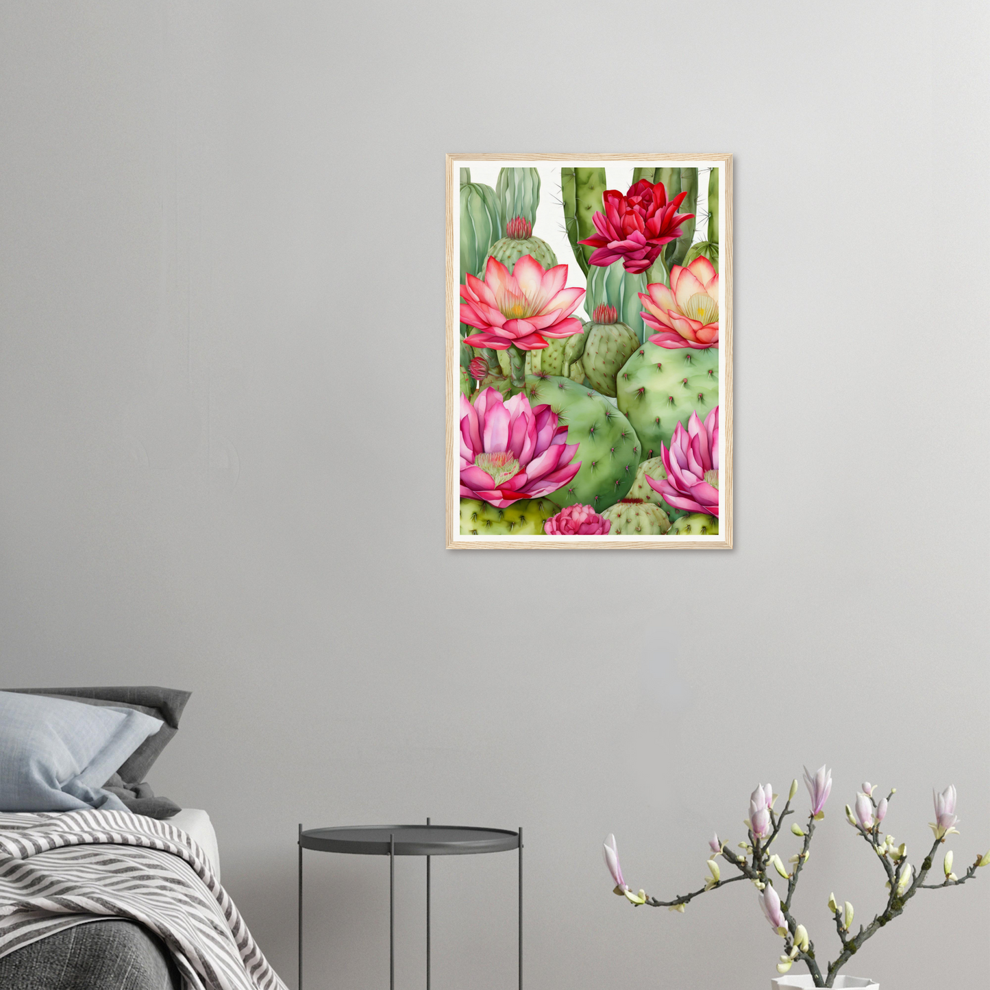 A pink cactus flower with green leaves and pink flowers on a white background