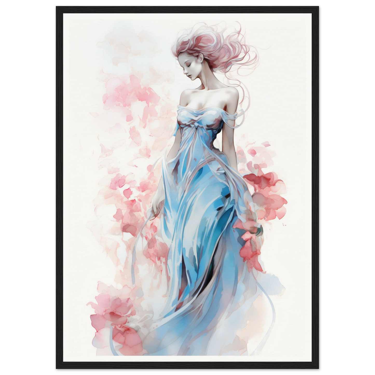 Watercolor painting of a woman in a flowing blue dress with windswept hair.