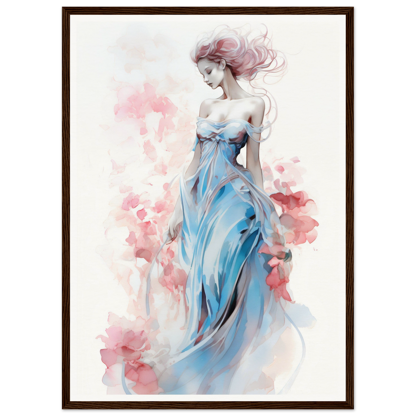 Watercolor painting of a woman in a flowing blue dress with windswept pink hair.
