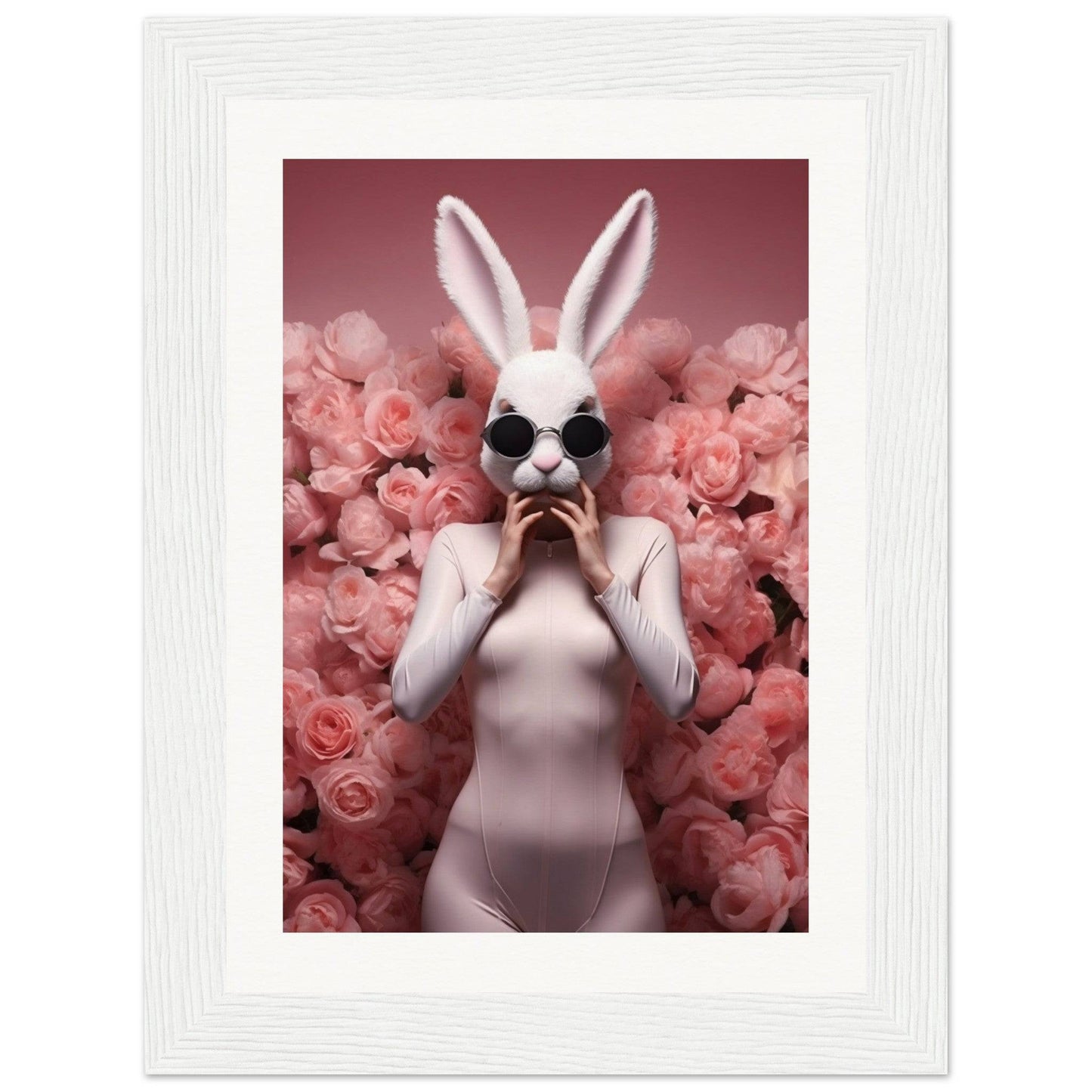Figure wearing a white rabbit mask and bodysuit surrounded by pink roses.