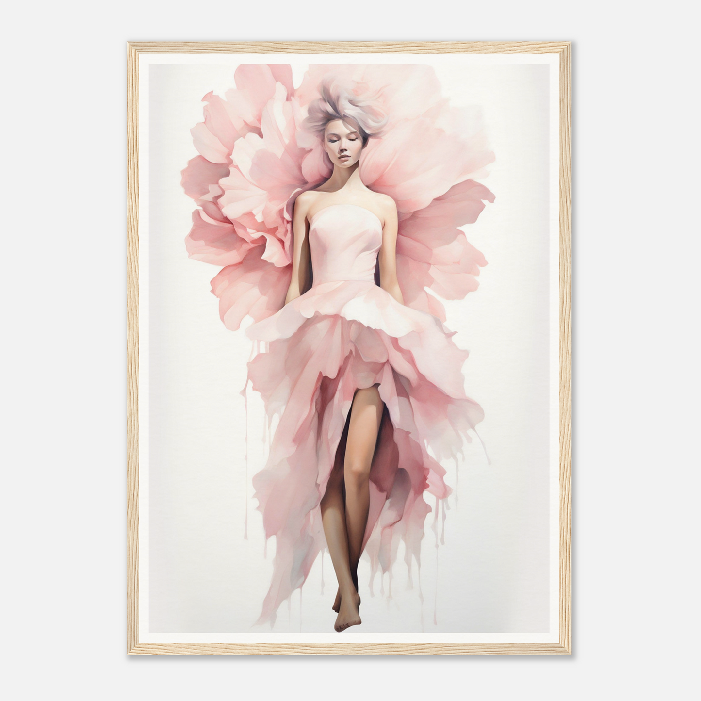 A pink flower print with a woman in a dress