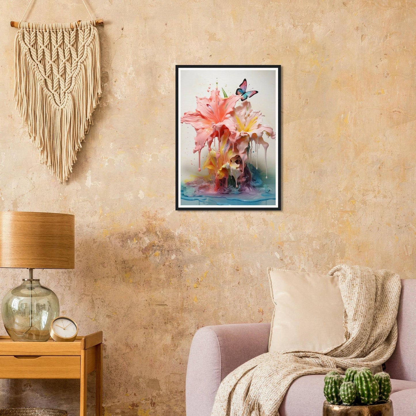 A pink flower in a living room