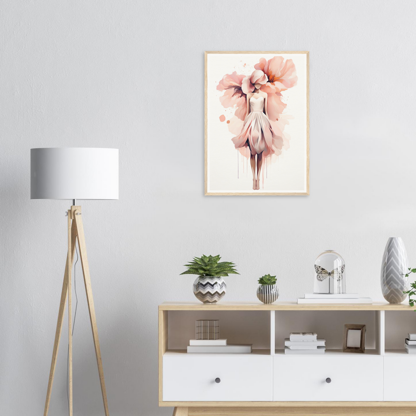 A pink flower on a white wall in a living room