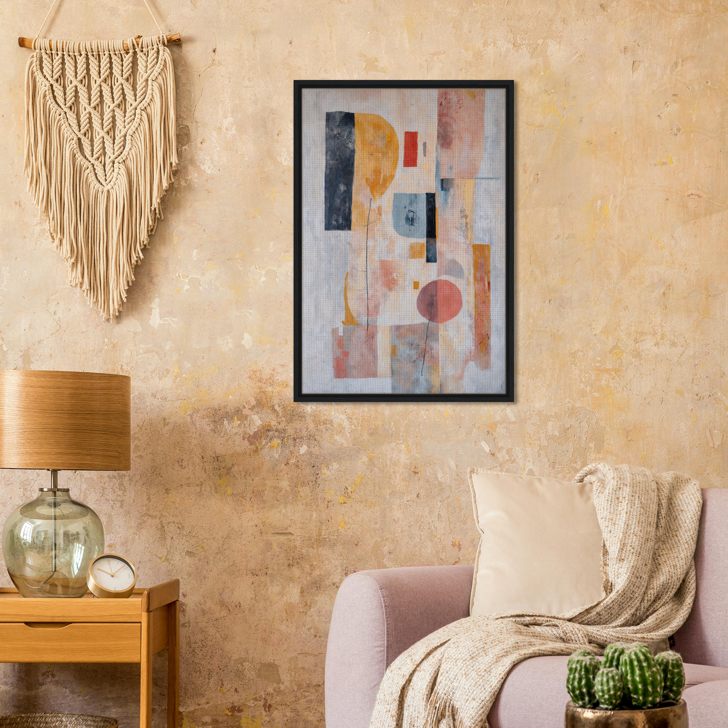 Abstract painting showcasing muted pastel geometric shapes, ideal for Pink Geometric Reverie room decor