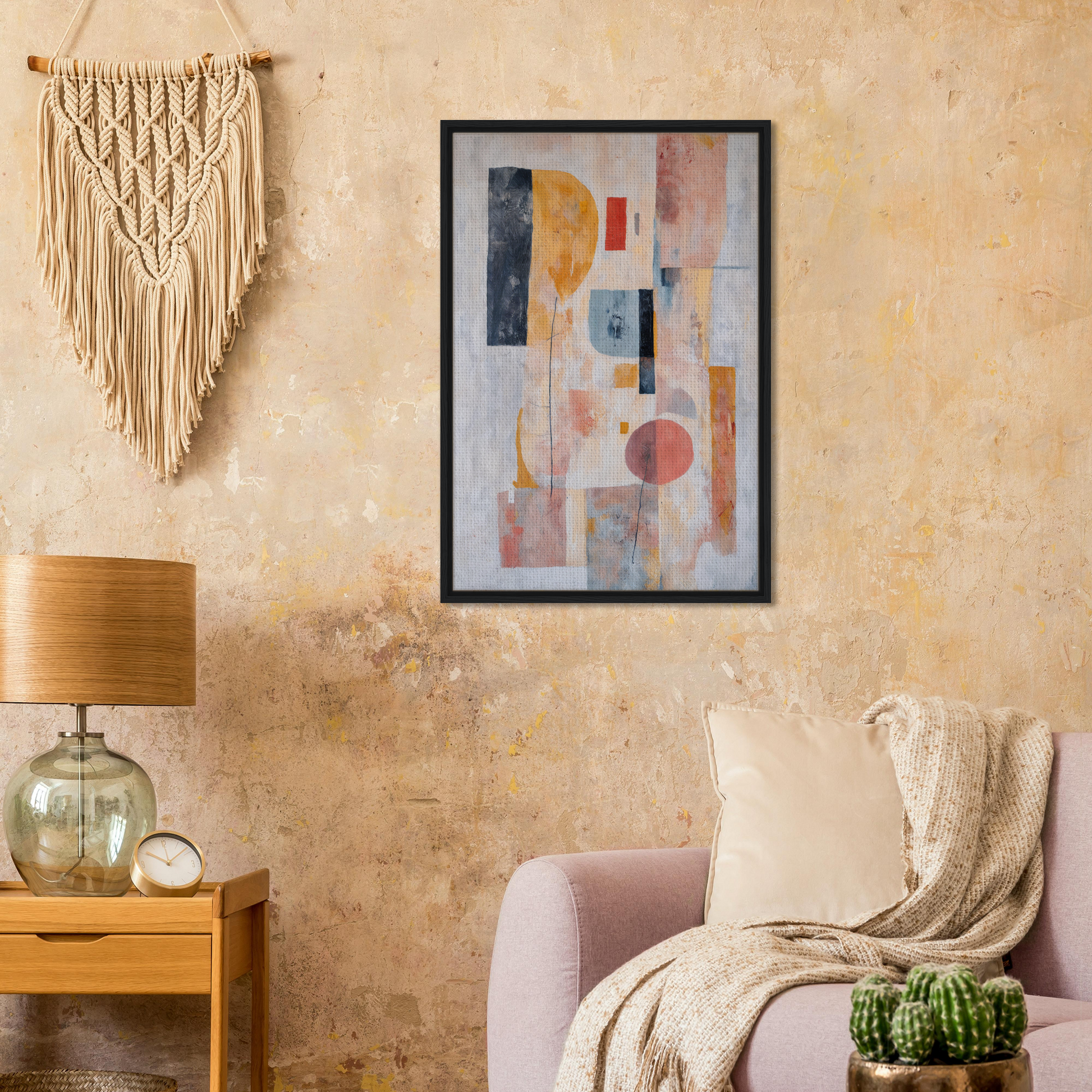 Abstract painting showcasing muted pastel geometric shapes, ideal for Pink Geometric Reverie room decor