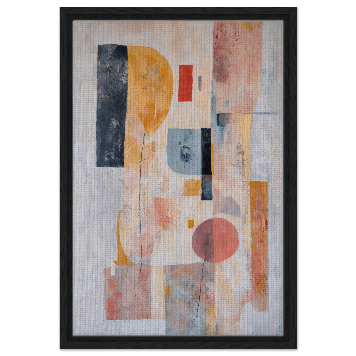 Abstract painting of geometric shapes in muted colors, ideal for Pink Geometric Reverie room decor