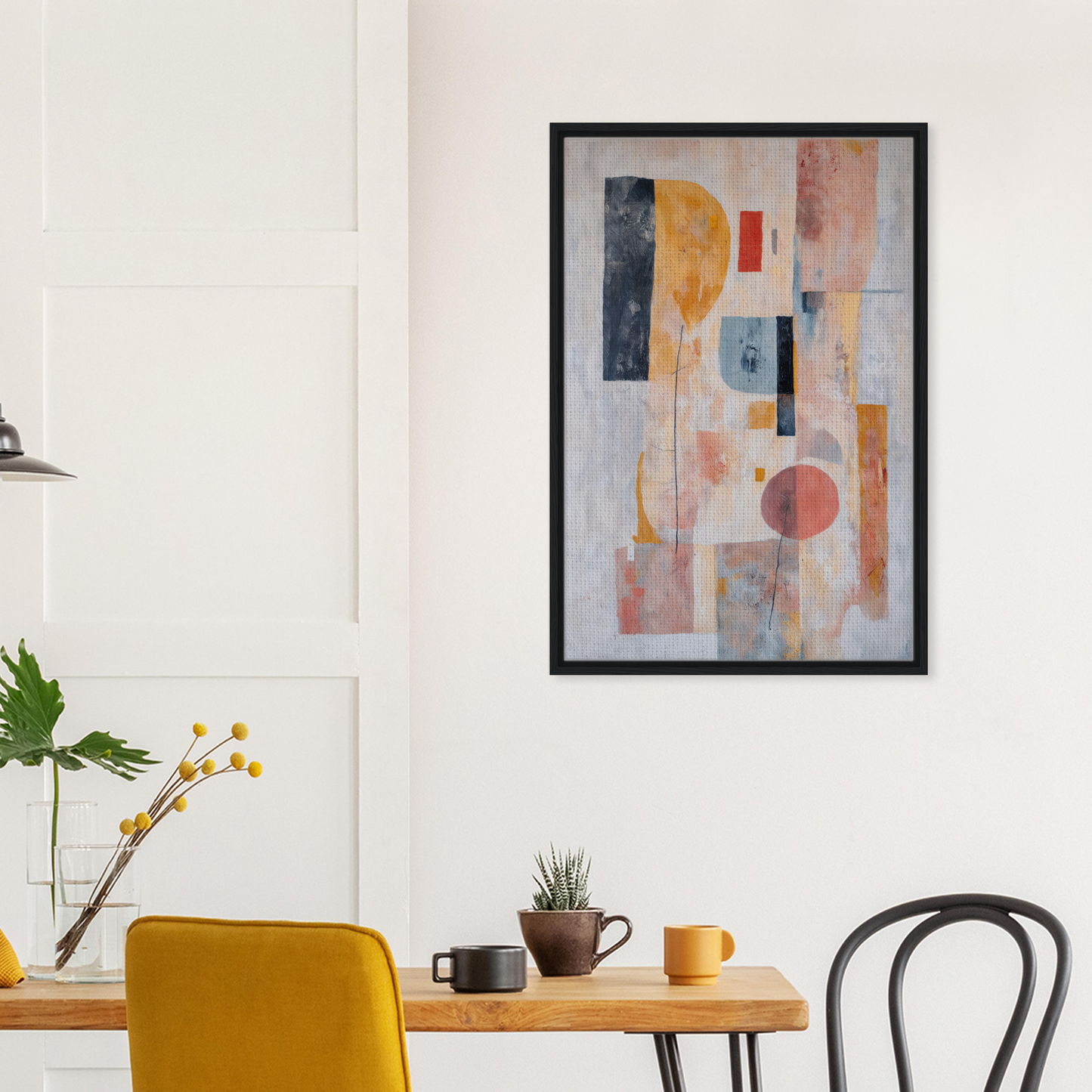 Abstract painting of geometric shapes in muted colors framed as Pink Geometric Reverie for room decor