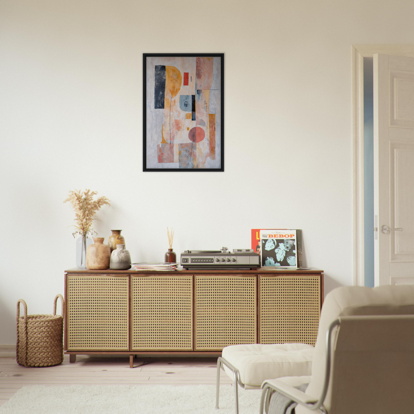 Wooden sideboard with cane-webbed doors and decorative items, Pink Geometric Reverie